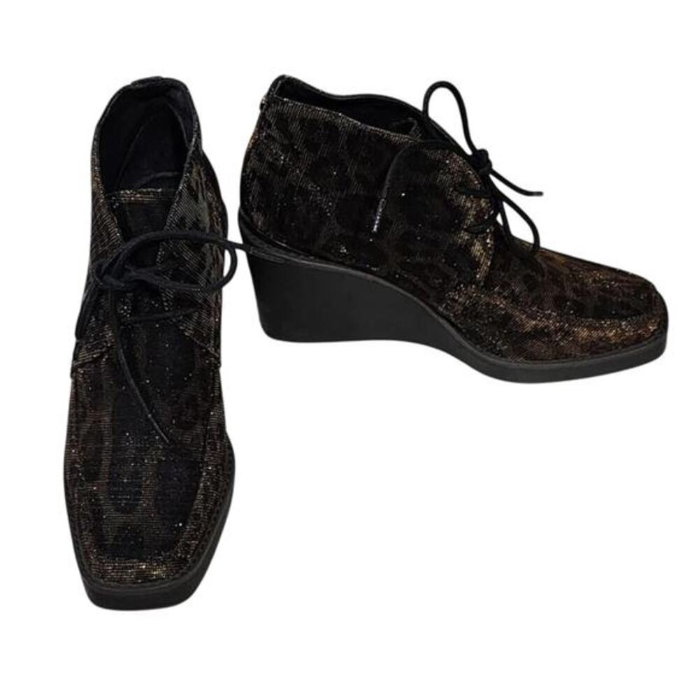 Donald Pliner Leopard Print Metallic Bronze Wedge Chukka Boots Square Toe